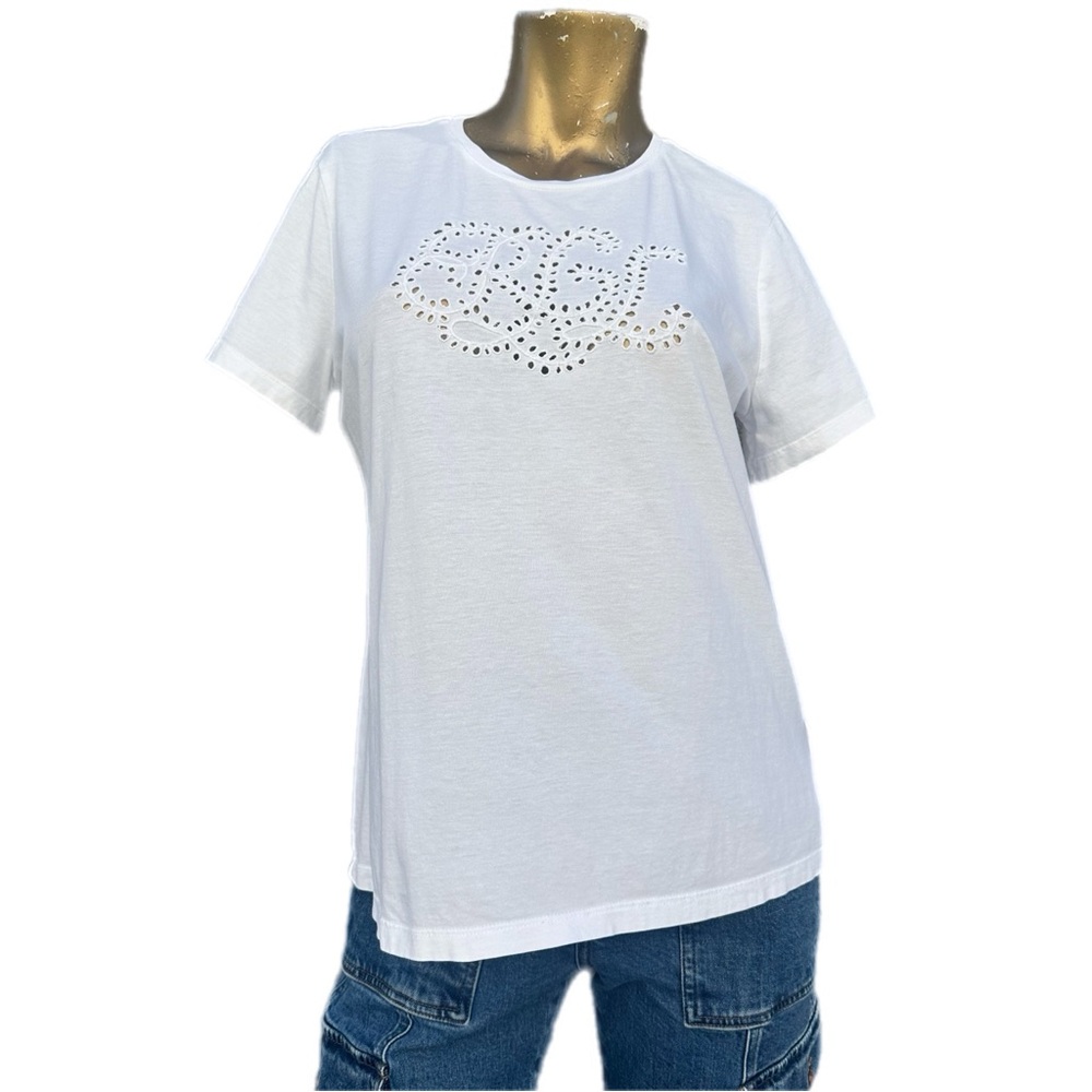 Lauren Ralph Lauren Eyelet Logo Cotton/Modal Short Sleeve T-shirt White size L